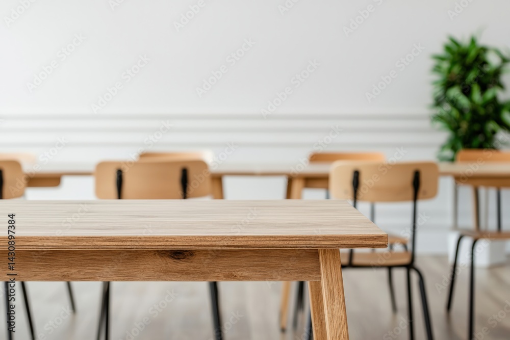 Poster empty school desk showcasing space for learning in blurred classroom