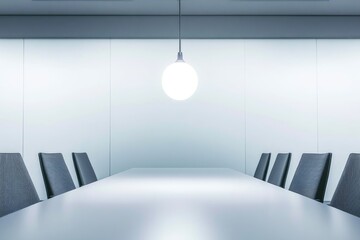 Fototapeta premium Empty modern conference room with a single hanging light and several chairs around a large table.