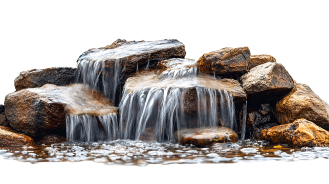 Fresh water flowing over rocks in natural river, isolated on transparent background. PNG