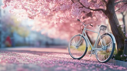 Fototapeta premium Pastel bicycle parked under blossoming cherry tree on a spring day.