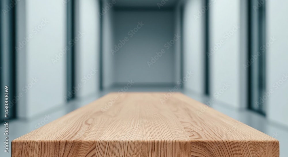 Aufkleber Empty wooden table displaying products in modern office corridor