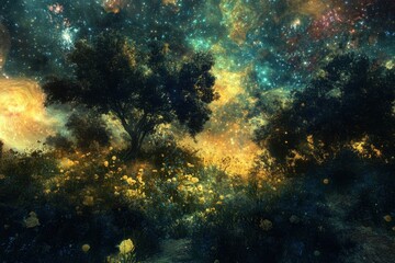 Obraz premium Vibrant landscape under a starry night sky illuminated by cosmic colors