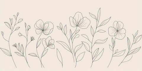 Fototapeta premium A minimalist botanical line art featuring delicate flowers and leaves on a neutral background