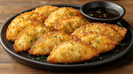 Crispy, golden-brown fried dumplings, served on a dark plate with a side of dipping sauce