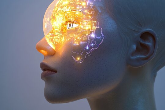 A futuristic depiction of a woman's face overlaid with glowing circuit board patterns, suggesting technological integration with the human body.