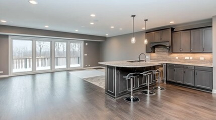 Modern kitchen with expansive great room view.