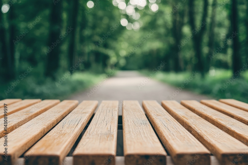Poster empty wooden table inviting visitors to rest in peaceful park