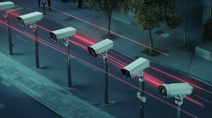 Naklejka premium Surveillance cameras line a city street at night.