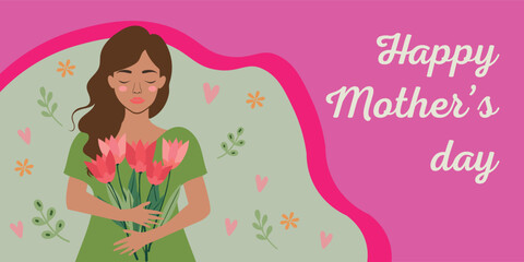 Stylish Mother's Day postcard featuring serene woman and spring tulips, festive background with hearts and petals.