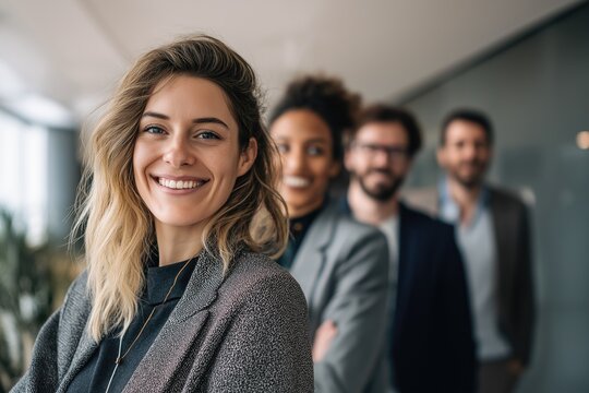 a group of smiling super model business people in an office