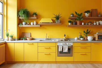 Bright Yellow Kitchen Interior with Wooden Shelves and Potted Plants