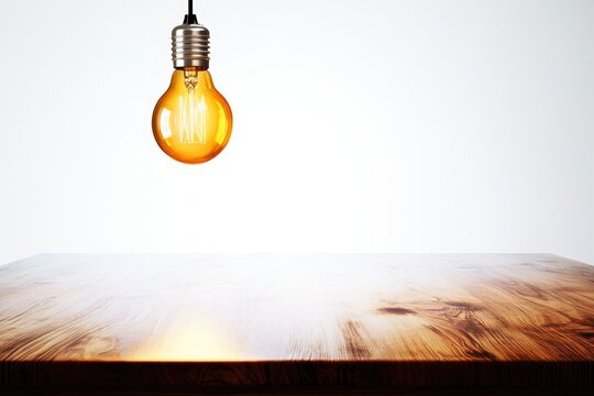 A glowing vintage light bulb hangs above a rustic wooden table, creating a warm and inviting ambiance.