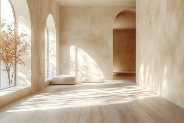 Empty room with arched windows and doorway light wood floor neutral color palette.