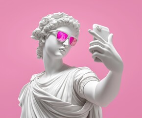 Classic white marble statue of afrodita wearing cool mirrored pink aviator sunglasses, make selfie