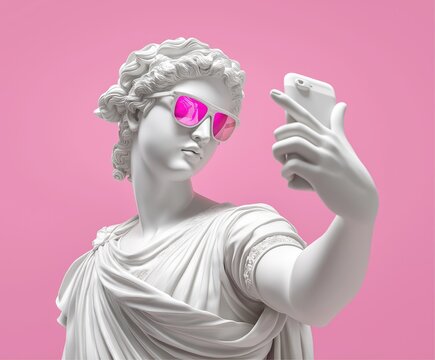 Classic white marble statue of afrodita wearing cool mirrored pink aviator sunglasses, make selfie