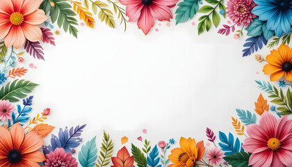 Fototapeta premium A vibrant and colorful floral frame featuring sunflowers, leaves, and various flowers, perfect for invitations, greeting cards, and spring-themed designs.