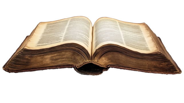 An old open book with aged pages is isolated on a transparent background, representing literature and the knowledge found within its text