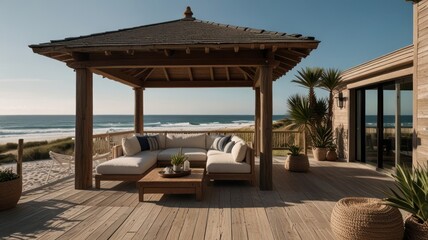 Obraz premium Coastal wooden gazebo overlooking ocean, relaxing patio