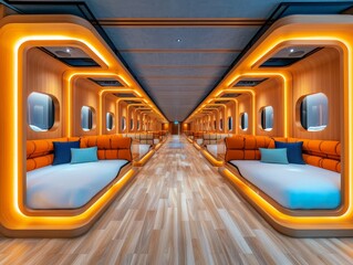 Fototapeta premium Modern Capsule Hotel Interior Design with Compact Sleeping Pods