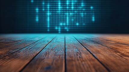 Wooden table displaying futuristic blue ai network backdrop