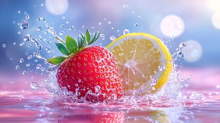 A strawberry and a lemon half collide with water, creating an energizing splash that highlights their vivid red and yellow hues amidst shimmering droplets