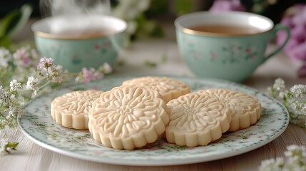Delicate floral cookies, tea, and flowers