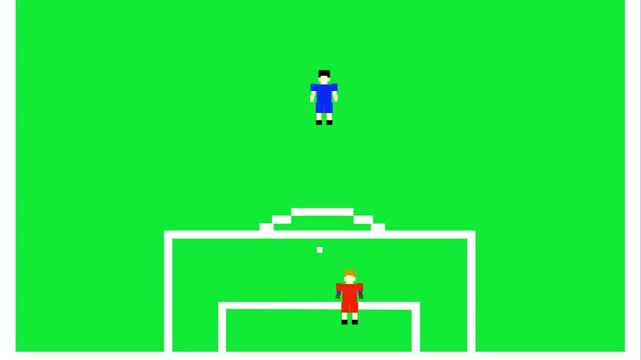 Animation video of a soccer game in old pixel art style of a player kicking the ball into the goal and the goalkeeper defending.