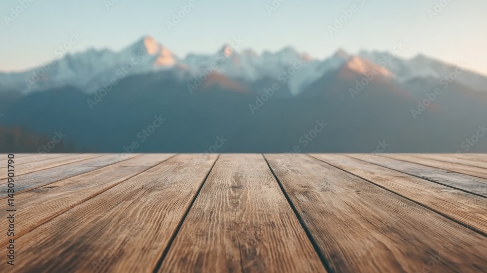 Poster Empty wooden table with mountain background for displaying products