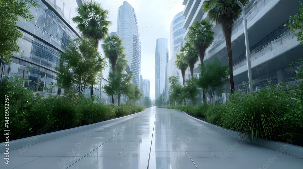 Poster 都会の街並み 雨上がりの通りを木々と高層ビルが囲む 晴れやかな風景