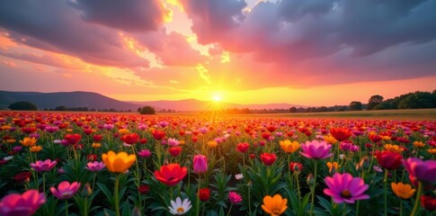 Colorful sunset over field of blooming wildflowers, retro, flowers, dreamy