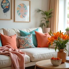 Interior Scene with Off-White Sofa, Colorful Pillows, and Orange Lily Bouquet on Round Wooden Table