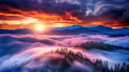 Obraz premium Morning Fog Drifts Across Multilane Highway with Sunrise Background