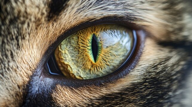 A stunning ultra-close-up of a cat's eye, capturing its hypnotic, slit-shaped pupil and mesmerizing golden-green iris