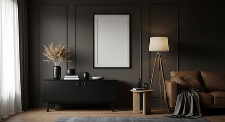 Modern Dark Brown Living Room Interior Design with Leather Sofa, Floor Lamp, and Decorative Vase