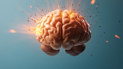 Fototapeta premium Brain is shown with a lot of sparks coming out of it. The brain is surrounded by a blue background
