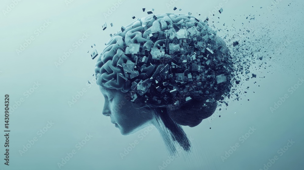 Poster conceptual image of a brain shattering into pixels, creativity flowing out in the form of icons and 