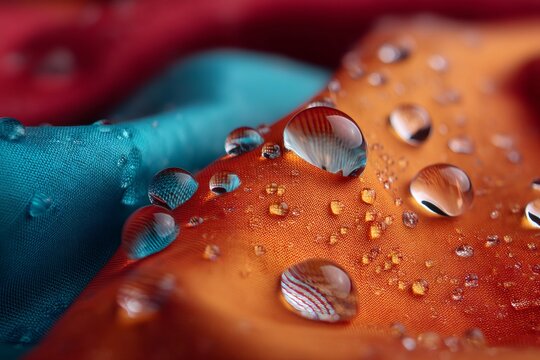Water droplets resting on waterproof breathable technical fabric