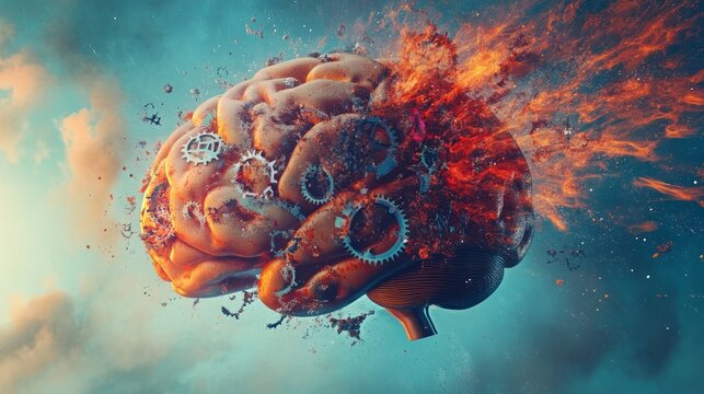 Exploding brain concept with surreal fragments like clock gears, fractals, and bright paint flowing into the sky