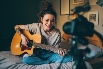 Obraz premium Blogger guitarist. Happy woman blogger playing guitar singing song recording vlog