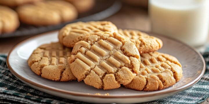 A plate of classic peanut butter cookies with the signature crisscross fork pattern, served with a glass of milk