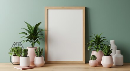 Modern Minimalist Home Decor Blank Frame Mockup with Succulents and Pastel Pots on Wooden Table Against a Sage Green Wall
