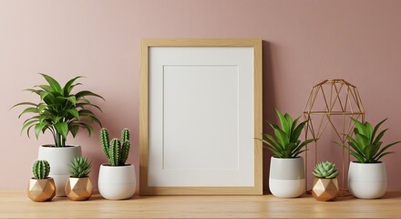 Elegant Pink Wall Mockup with Plants and Wooden Frame for Interior Design Inspiration