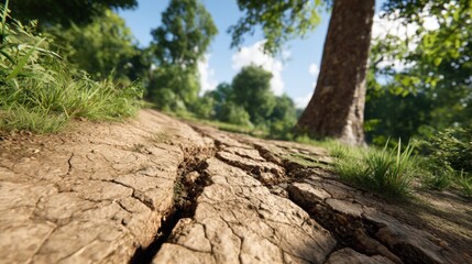 Fototapeta premium Cracked Earth Path, Low Angle View, Summer Sunlight, Tree Canopy