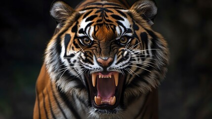 Obraz premium An extreme close-up of a Bengal tiger mid-snarl, its mouth wide open and displaying razor-sharp fangs