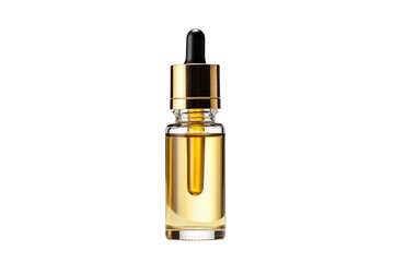 A clear glass bottle with golden liquid and a black dropper on a plain black studio background view png