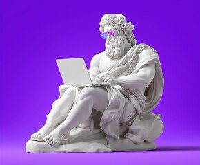 Classic white marble statue of Zeus, wearing cool mirrored sunglasses, work with laptop