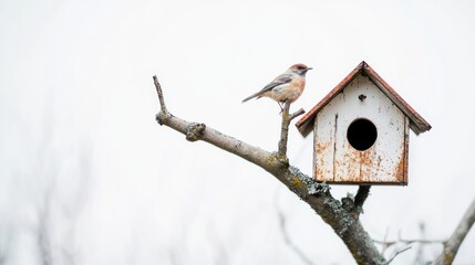 Small bird perched on branch beside rustic birdhouse.