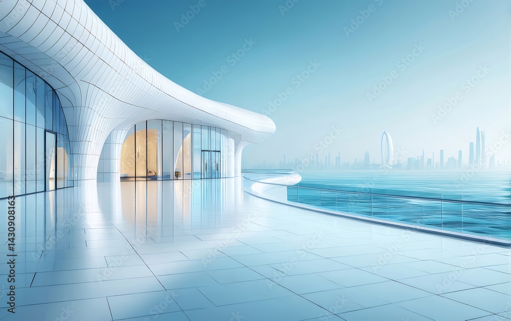 Poster 未来的な白い建築デザインの建物が青い海と空を背景に映える美しい景色