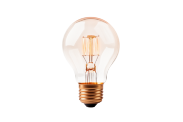 A close up shot of a vintage style light bulb with visible filament on a transparent background space png