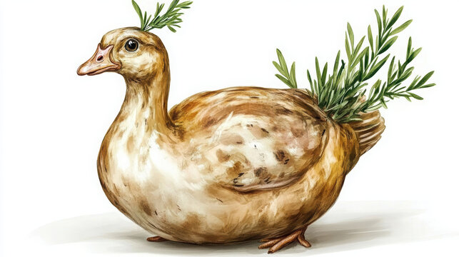 whimsical illustration of duck with green herbs sprouting from its back, showcasing blend of nature and creativity. This charming artwork captures essence of playful culinary themes